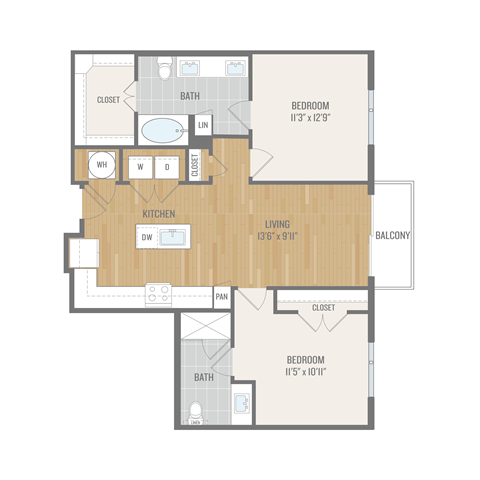 Floor plan for 2 beds, 2 baths, 994 sqft